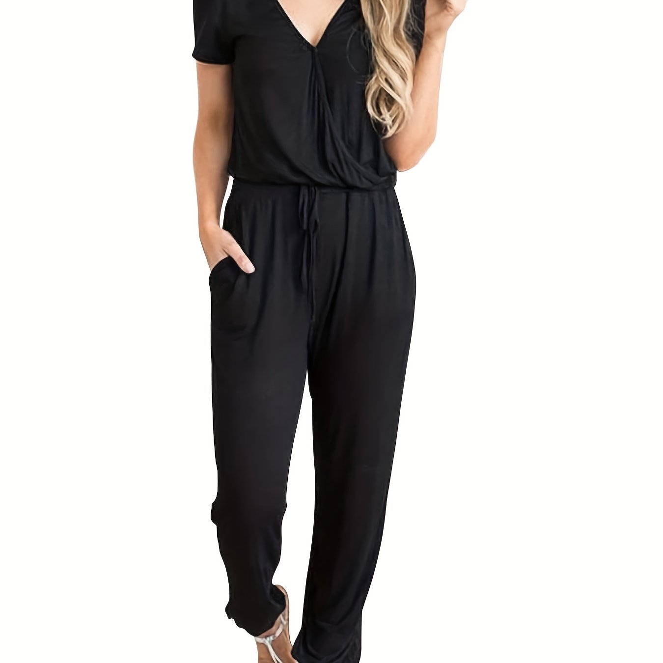 Vzyzv Solid Drawstring Waist V-neck Jumpsuit, Casual Short Sleeve Jumpsuit For Spring & Summer, Women's Clothing