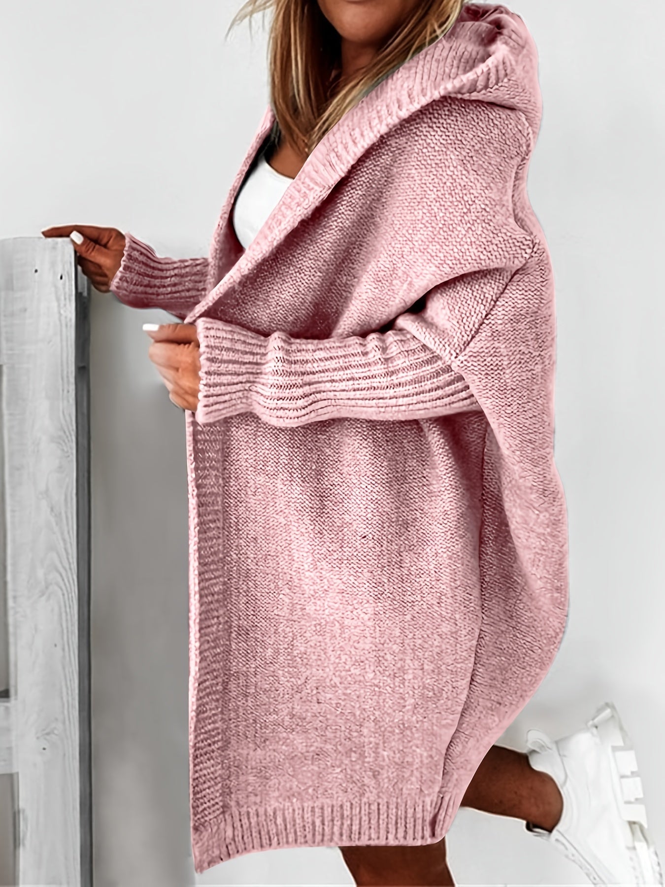 Vzyzv Oversized Hooded Knitted Cardigan, Long Sleeve Casual Sweater For Winter & Fall, Women's Clothing