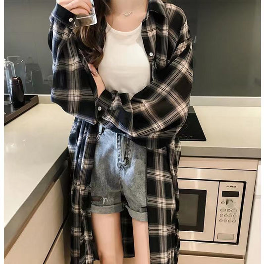 VZYZV 2021 New Retro Hong Kong Style Long Sleeve Plaid Shirt Women's Loose and Idle Mid-Length Shirt Coat Top