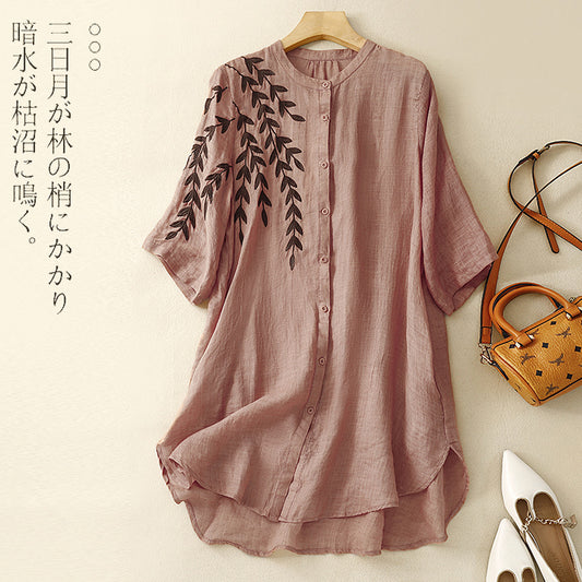 VZYZV 5 Colors Machine Embroidery Half Sleeve Stand Collar Shirt Women's Mid-Length Loose  Summer New Design Sense Shirt Dress