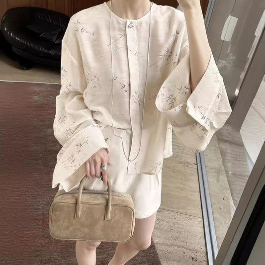 VZYZV New Chinese-Style Dyed Jacquard Wide-Sleeved Lazy and Loose round Neck Shirt for Women, Spring New
