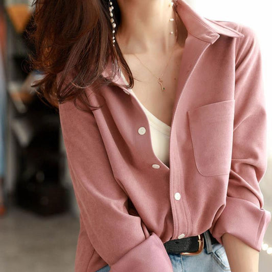 VZYZV Style High-Grade Pink Brushed Shirt for Women  Early Spring Inner Wear Bandage Dress Small Shoulder Drape Chic Shirt