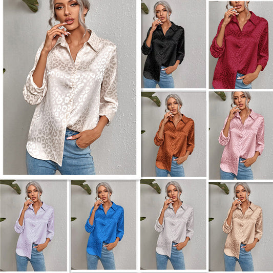 VZYZV Cross Border Women's  Spring/Summer New Polo Collar Open Button Leopard Jacquard Shirt Temperament Commute Long Sleeve Shirt