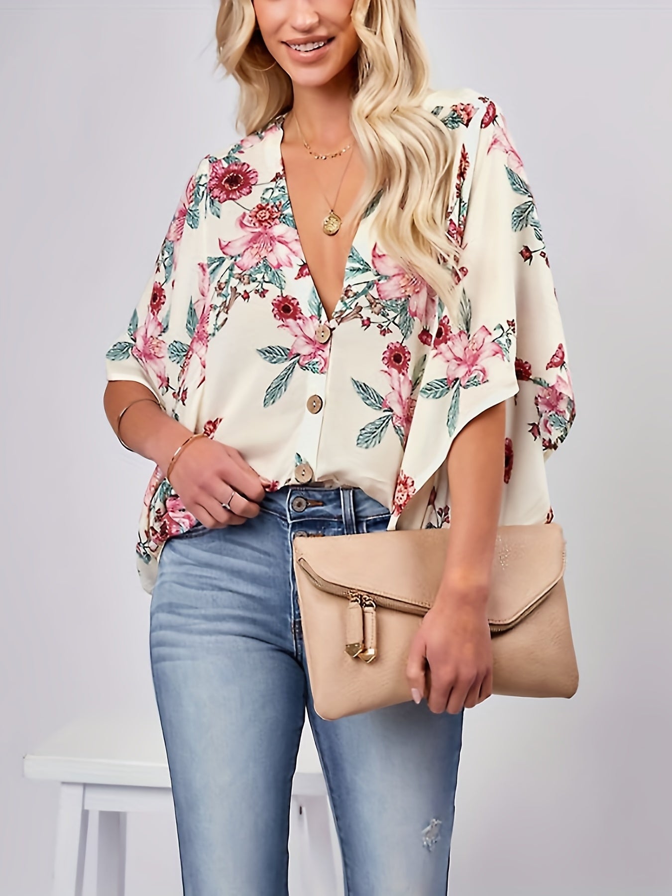 Vzyzv V Neck Loose Batwing Sleeve Shirt, Random Print Button Up Casual Top For Summer & Spring, Women's Clothing