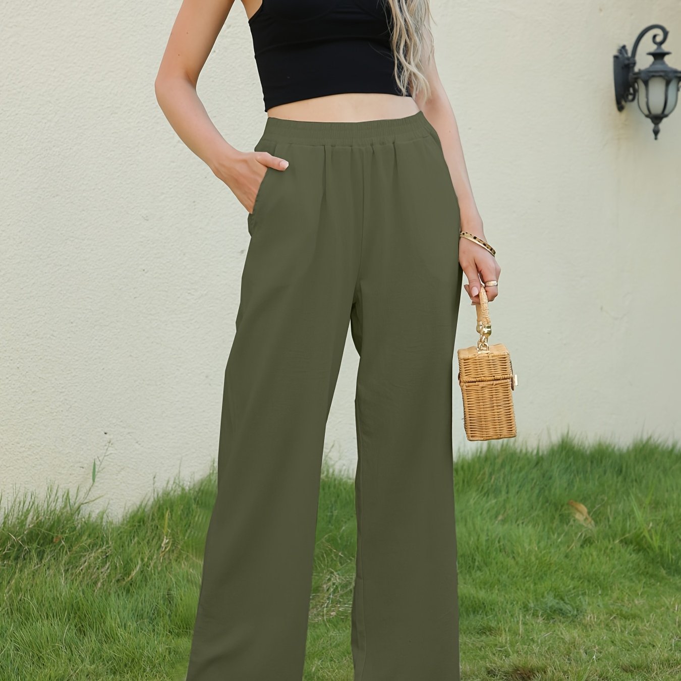 Vzyzv Solid Wide Leg Elastic Waist Pants, Casual Dual Pockets Loose Pants, Women's Clothing