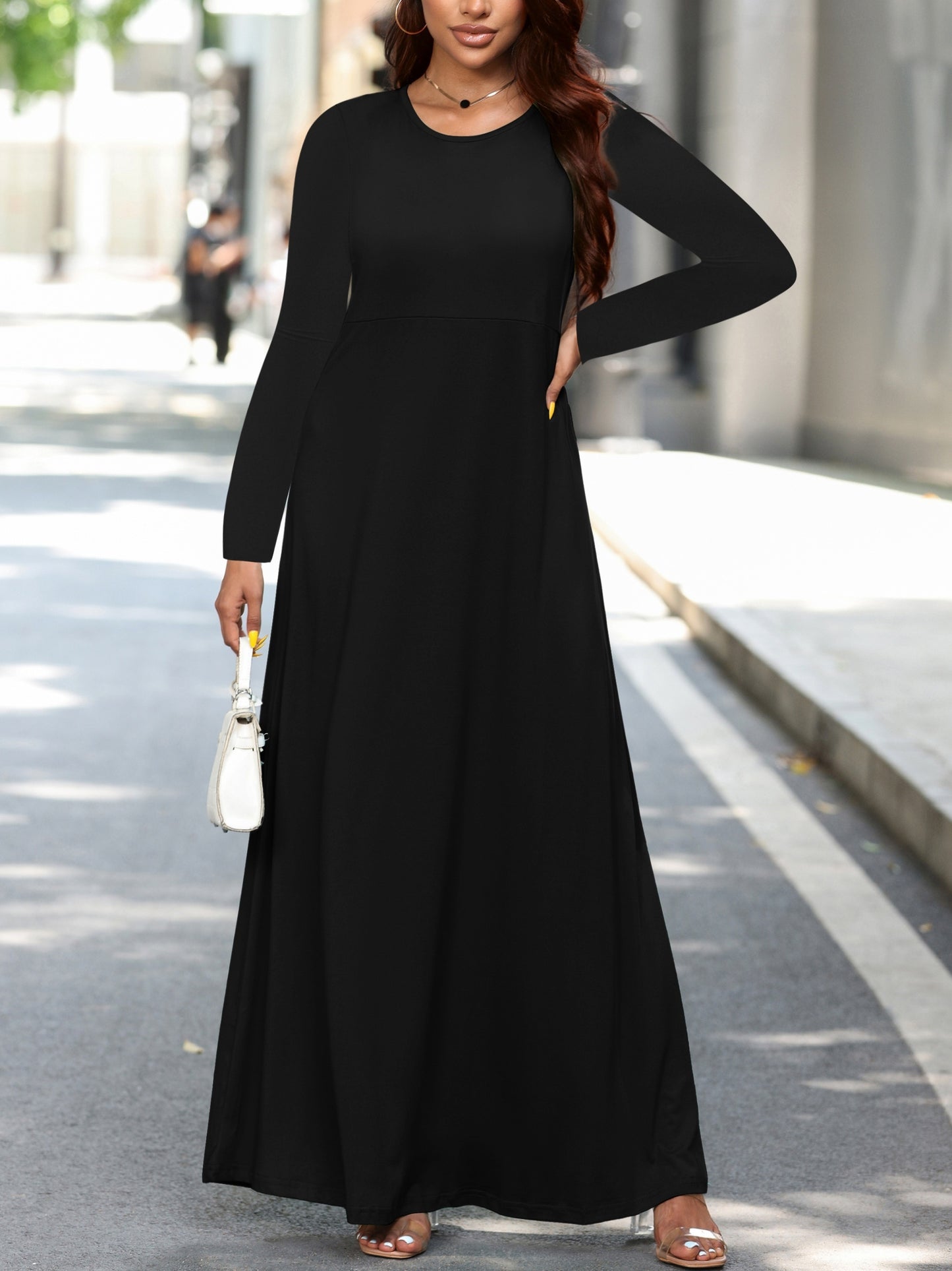 Vzyzv Plus Size Casual Dress, Women's Plus Solid Long Sleeve Round Neck High Stretch Maxi Dress