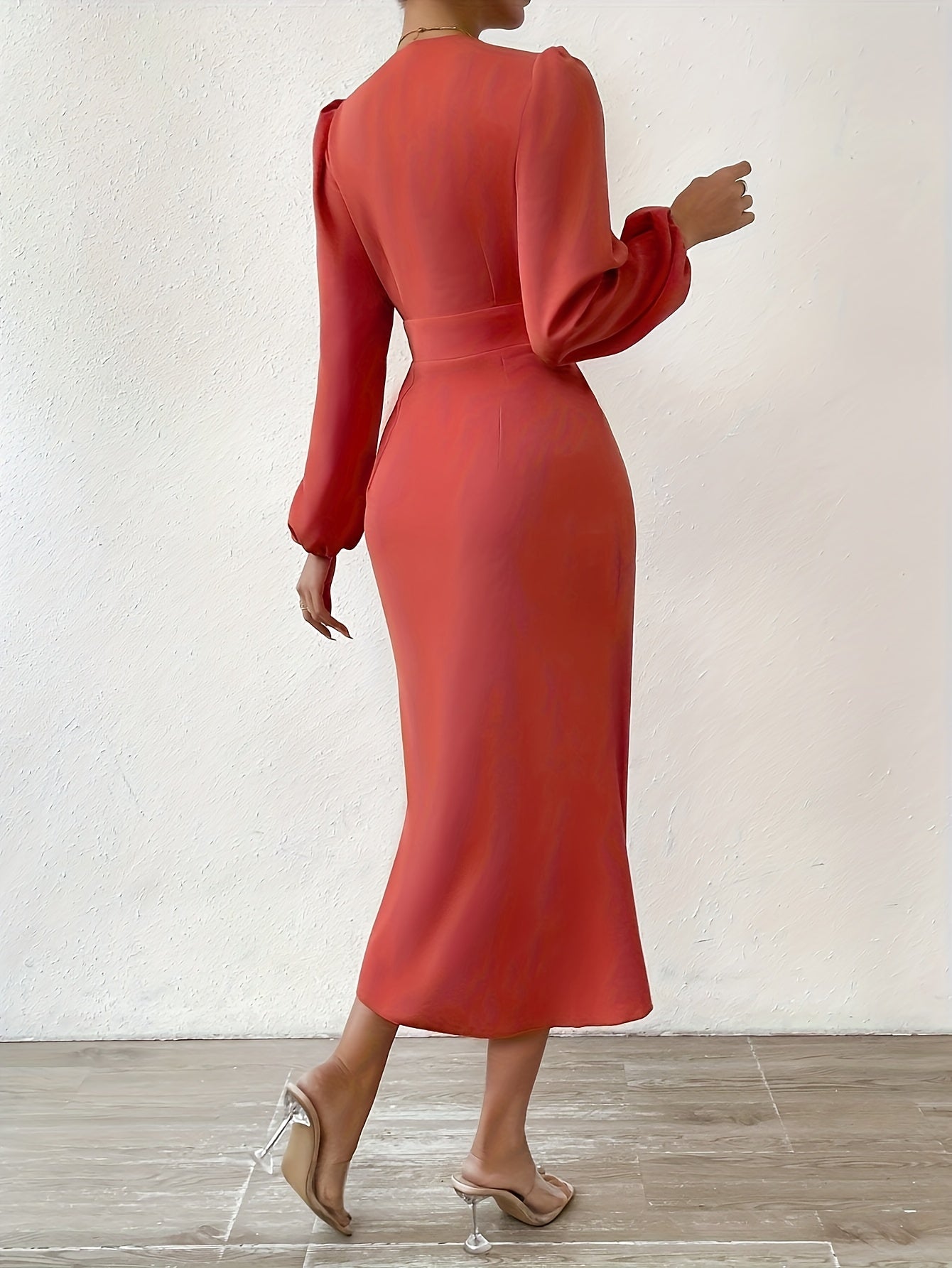 vzyzv  Solid Plicated Detail Bodycon Dress, Elegant Long Sleeve Deep V-neck Dress, Women's Clothing