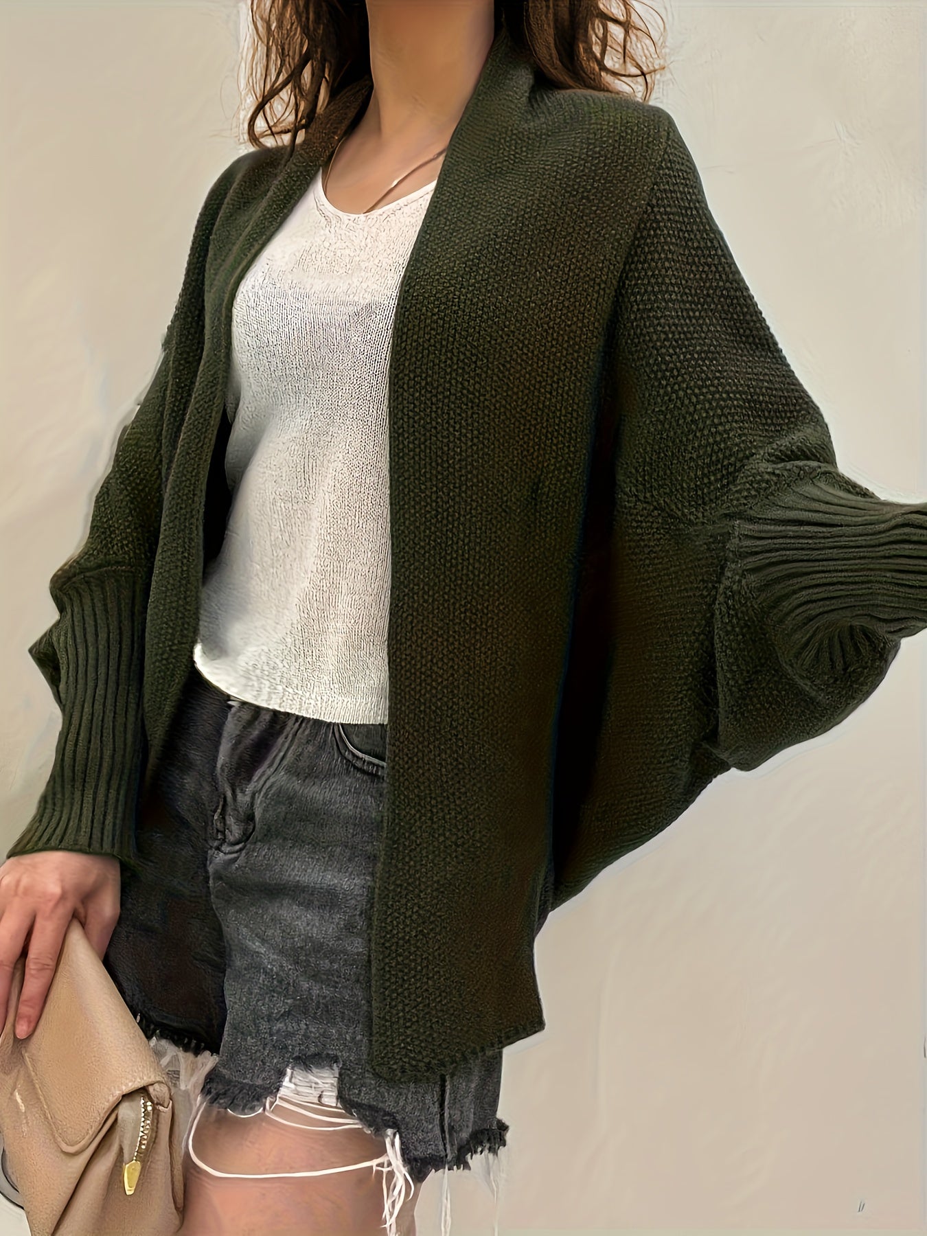 Vzyzv Solid Open Front Knit Cardigan, Elegant Batwing Sleeve Loose Sweater, Women's Clothing