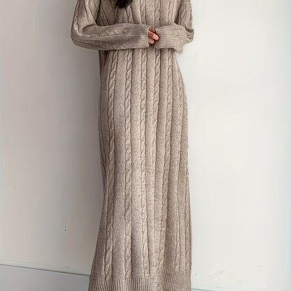 Vzyzv Cable Knit Maxi Dress, Elegant Crew Neck Long Sleeve Dress, Women's Clothing