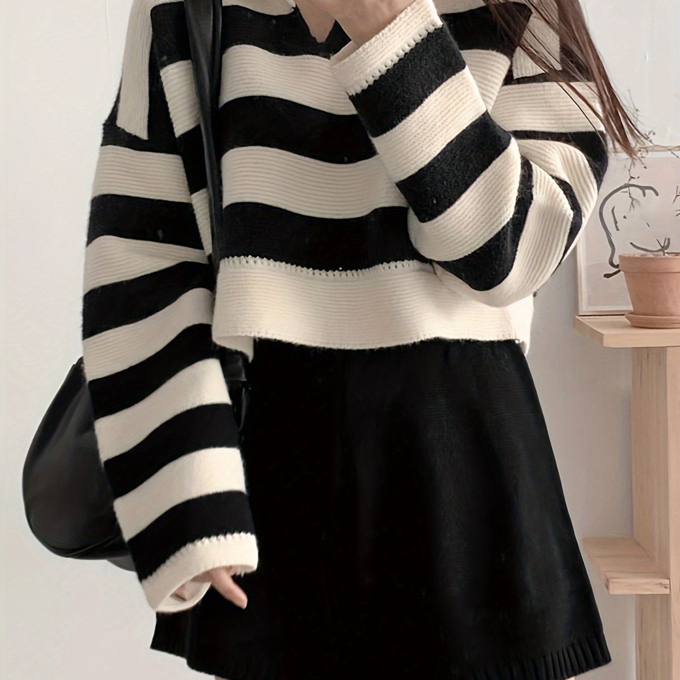 Vzyzv Striped Notched Collar Pullover Sweater, Casual Long Sleeve Loose Crop Sweater, Women's Clothing