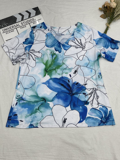 Vzyzv Plus Size Casual T-shirt, Women's Plus Floral Print Short Sleeve V Neck Slight Stretch T-shirt