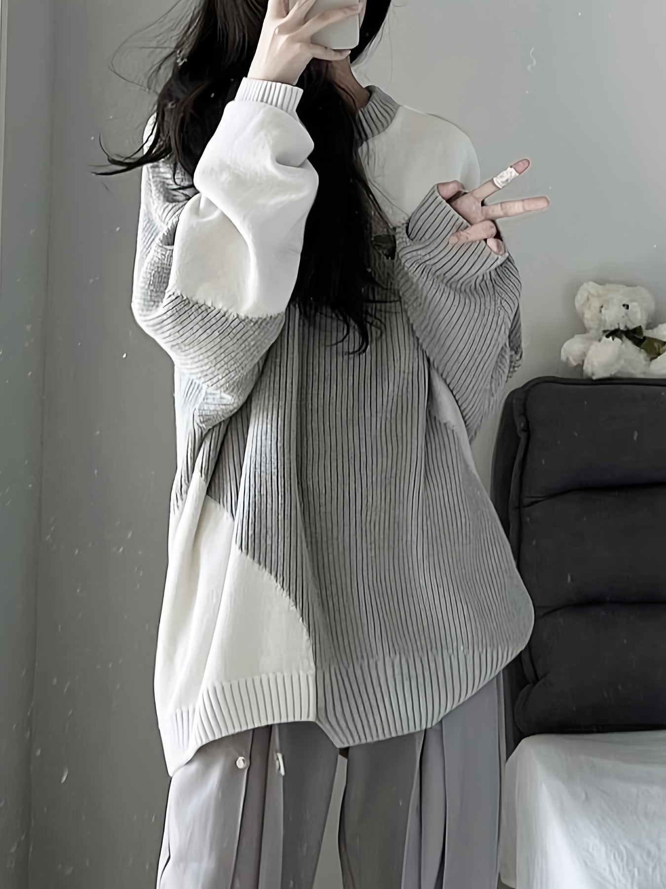 Vzyzv Color Block Oversized Pullover Sweater, Casual Crew Neck Long Sleeve Sweater, Women's Clothing