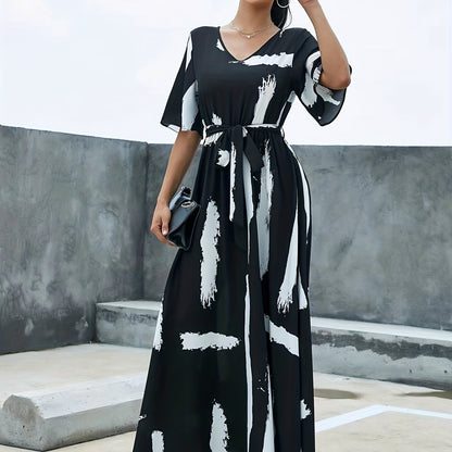 Vzyzv Flutter Sleeve Belted Maxi Dress, Casual Dress For Spring & Summer, Women's Clothing