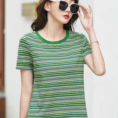 Vzyzv Striped Crew Neck T-shirt, Elegant Short Sleeve T-shirt For Spring & Summer, Women's Clothing