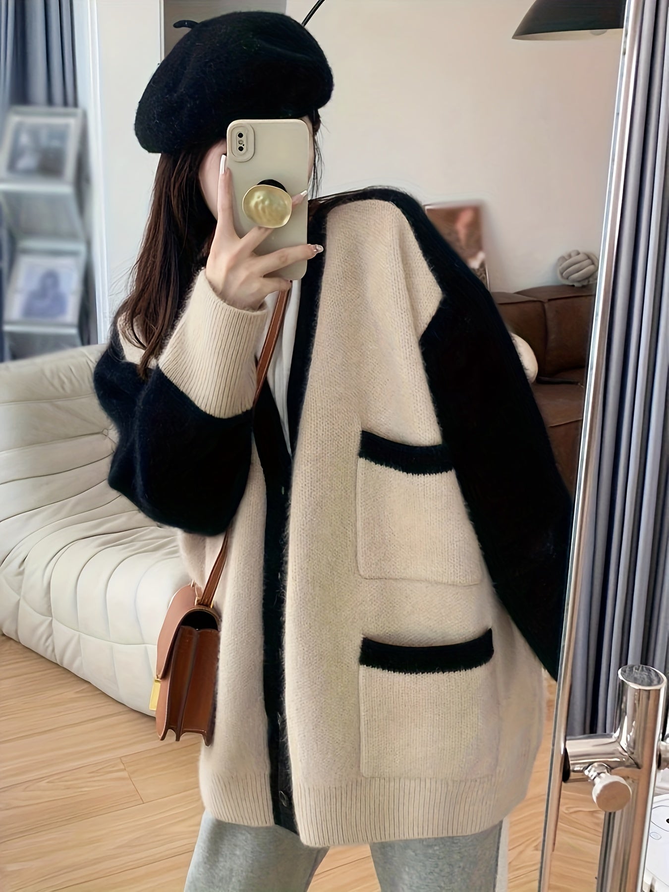 Vzyzv Contrast Color Button Front Sweater Cardigan, Oversized V-neck Sweater For Fall & Winter, Women's Clothing