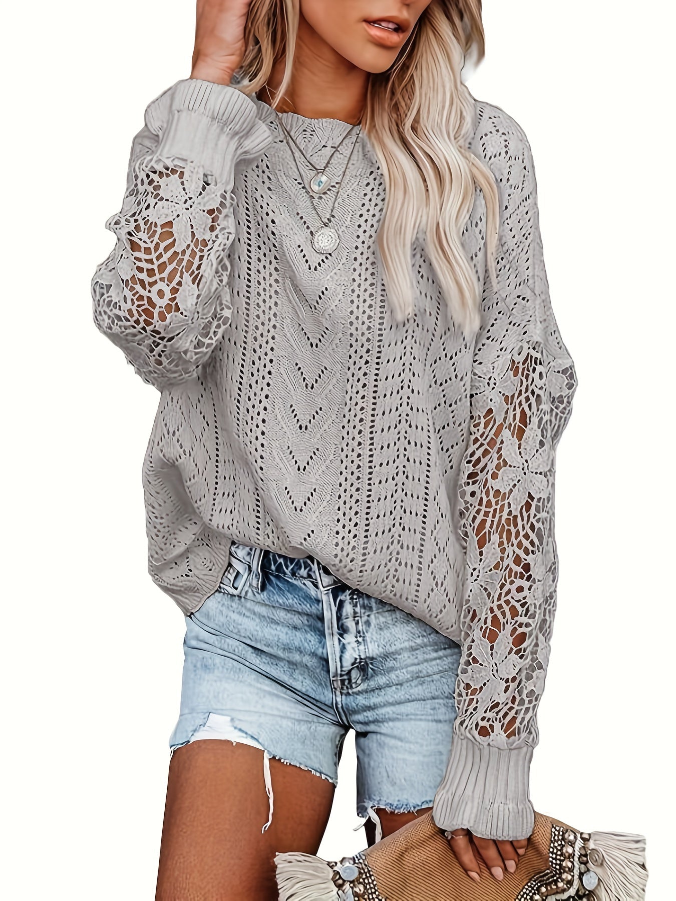 Vzyzv Contrast Lace Eyelet Knit Sweater, Casual Crew Neck Long Sleeve Sweater, Women's Clothing