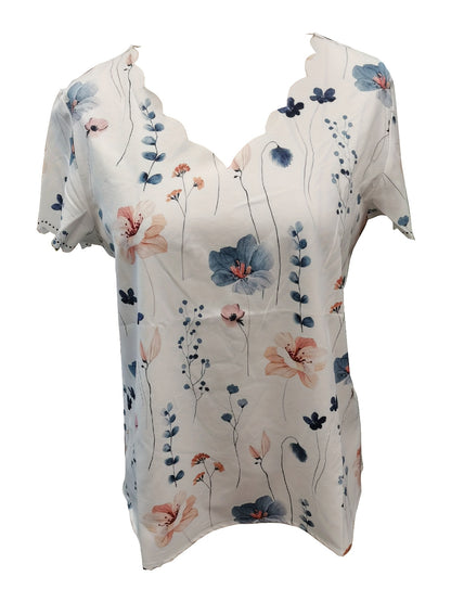 Vzyzv Floral Print Scallop Trim T-Shirt, Casual V Neck Short Sleeve T-Shirt For Spring & Summer, Women's Clothing