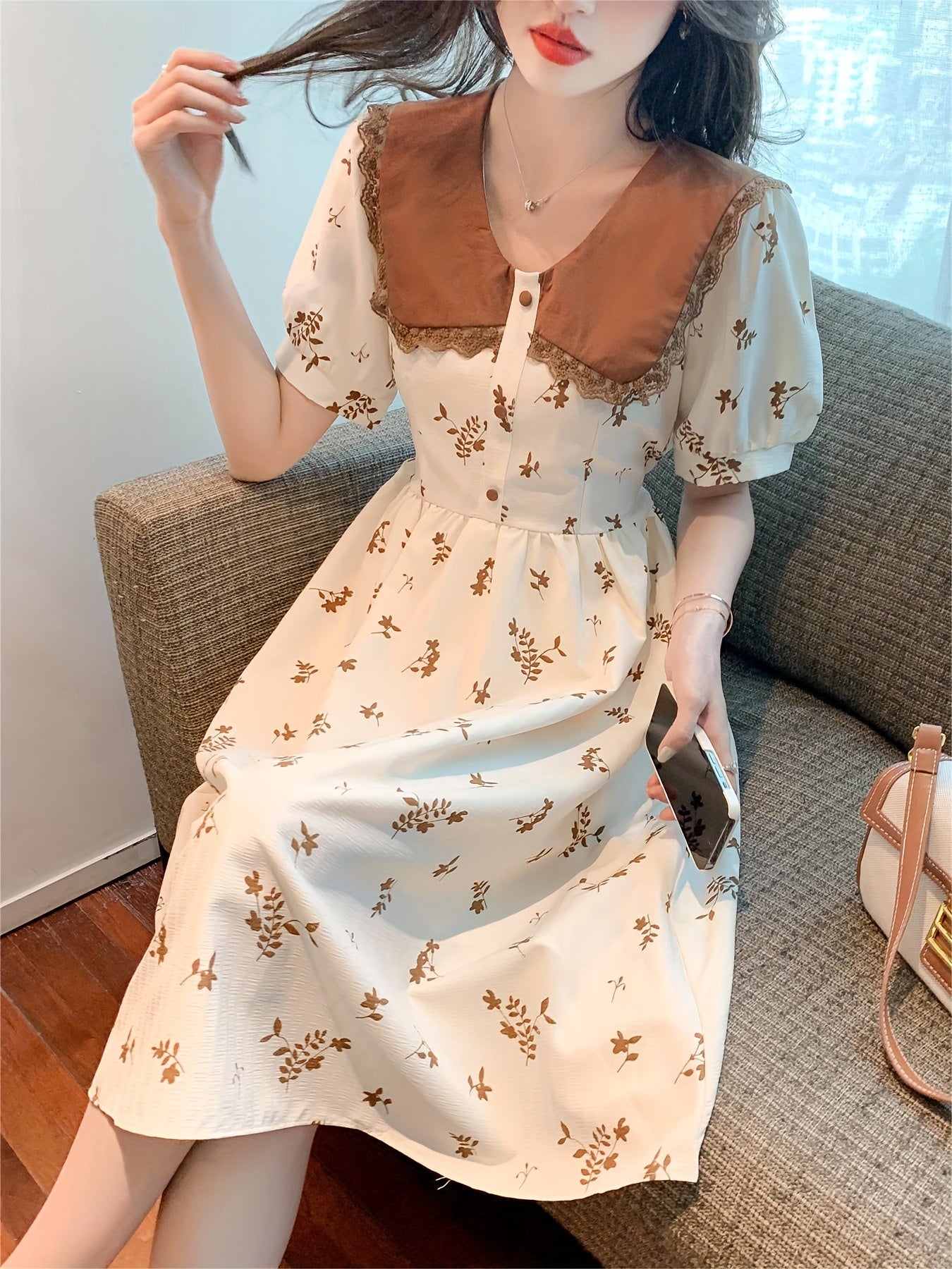 Vzyzv Floral Print Doll Collar Dress, Elegant Short Sleeve Waist Slimming Skinny Dress For Summer, Women's Clothing