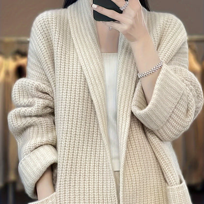 Vzyzv Solid Open Front Knit Cardigan, Casual Long Sleeve Oversized Sweater Coat With Pocket, Women's Clothing