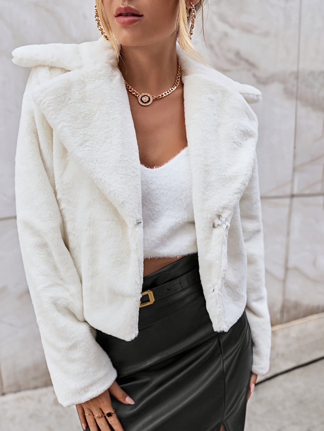 Vzyzv Solid Faux Fur Lapel Teddy Coat, Versatile Long Sleeve Thermal Winter Outwear, Women's Clothing