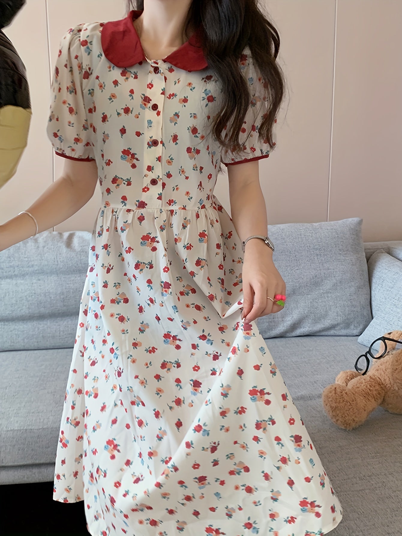 Vzyzv Floral Print Collared Dress, Elegant Short Sleeve Dress For Spring & Summer, Women's Clothing