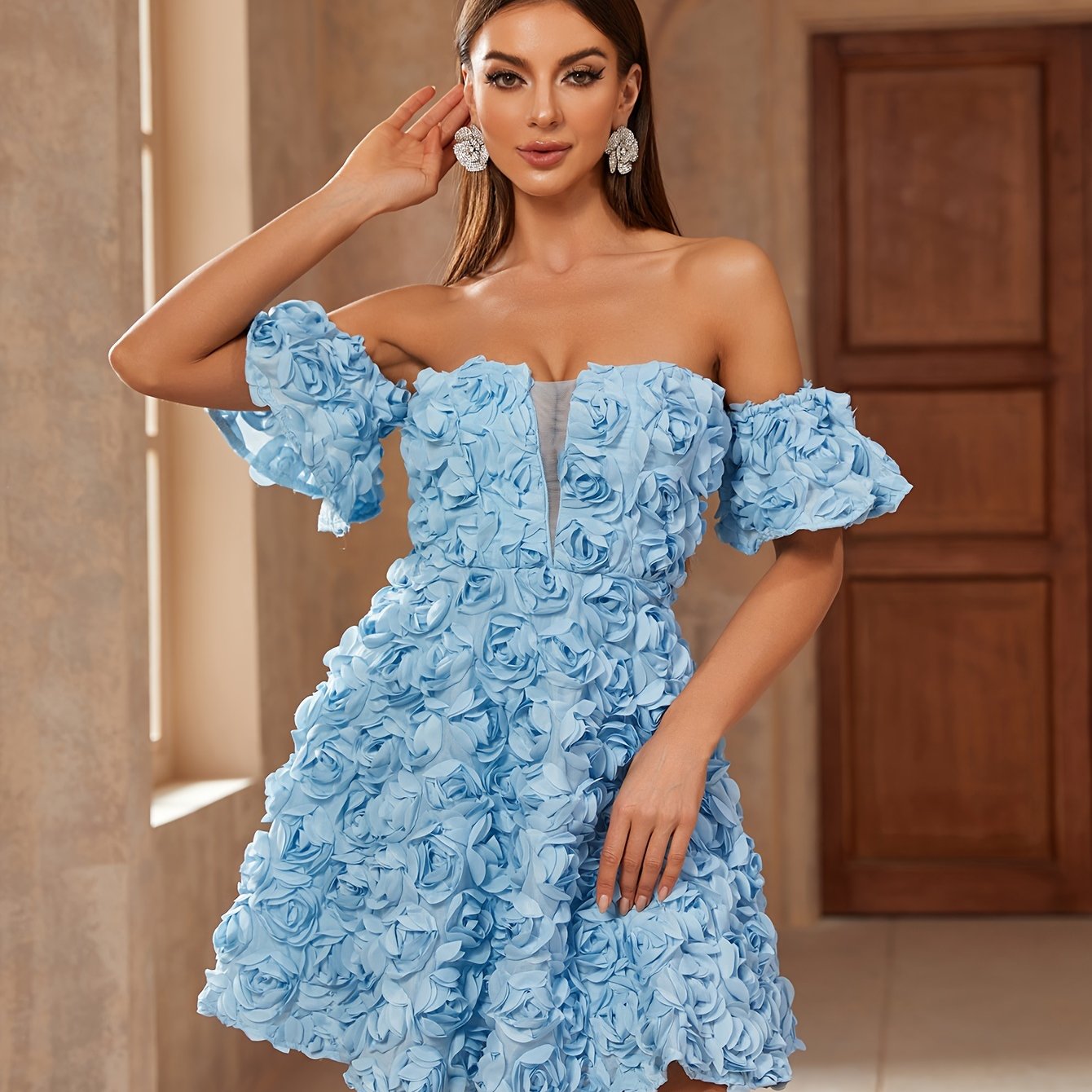 vzyzv  Rose Decor Off Shoulder Dress, Elegant Puff Sleeve Dress For Spring & Summer, Women's Clothing