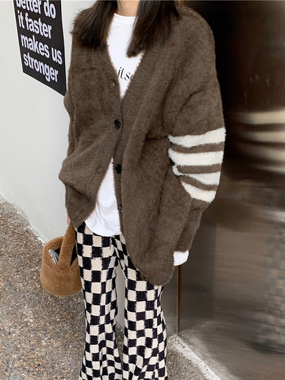 Vzyzv Striped Button Down Plush Knit Cardigan, Casual Long Sleeve Loose Cozy Sweater Coat, Women's Clothing