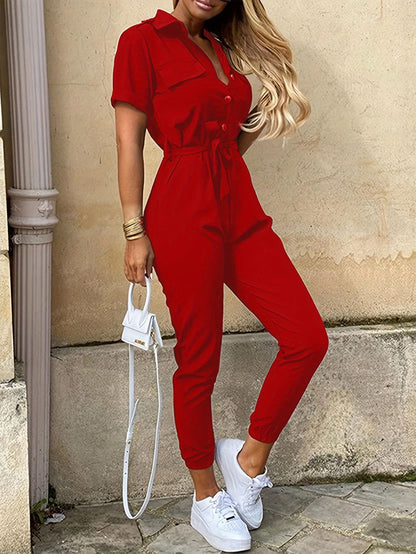 Vzyzv Y2K Solid Lapel Button Down Short Sleeve Tie Waist Cargo Jumpsuit, Casual Long Length Pockets Rompers Overalls, Women's Clothing