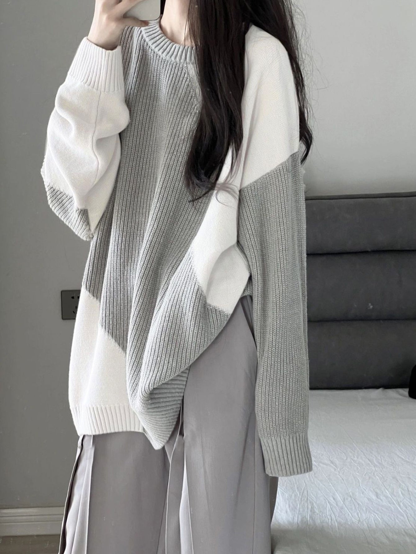 Vzyzv Color Block Oversized Pullover Sweater, Casual Crew Neck Long Sleeve Sweater, Women's Clothing