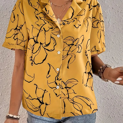 Vzyzv Flower Sketch Print Lapel Shirt, Half Sleeve Button Up Vacation Casual Top For Summer & Spring, Women's Clothing