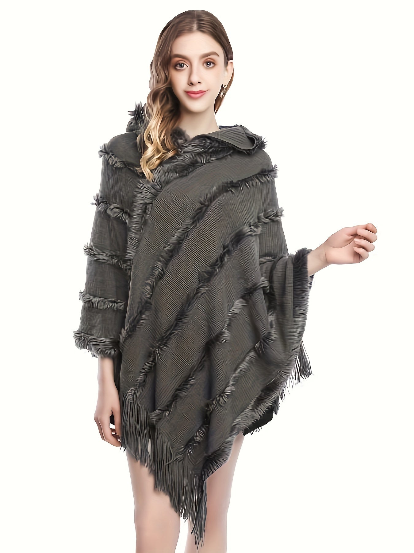 Vzyzv Tassel Shawl Hooded Shawl Sweater, Vintage Solid Asymmetrical Hem Poncho Sweater, Women's Clothing