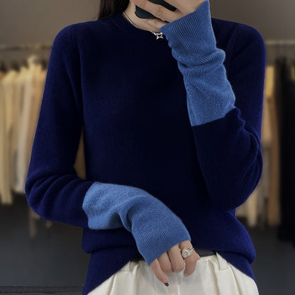 Vzyzv Color Block Crew Neck Pullover Sweater, Elegant Long Sleeve Slim Sweater, Women's Clothing