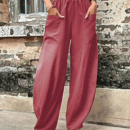 Vzyzv Boho Solid Elastic Waist Harem Pants, Casual Long Length Baggy Pants With Pockets For Spring & Summer, Women's Clothing