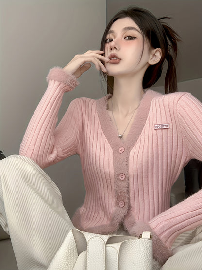 Vzyzv Y2K Button Front Knit Cardigan, Elegant Long Sleeve Outwear For Spring & Fall, Women's Clothing
