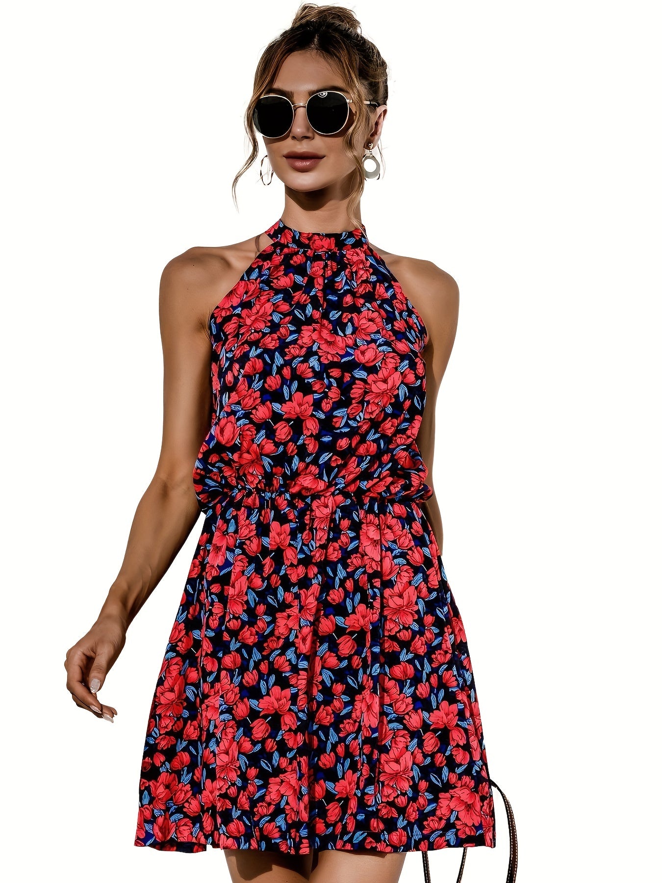 Vzyzv Floral Print Halter Neck Dress, Sexy Sleeveless Dress For Spring & Summer, Women's Clothing