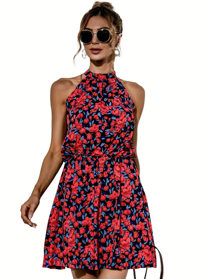 Vzyzv Floral Print Halter Neck Dress, Sexy Sleeveless Dress For Spring & Summer, Women's Clothing
