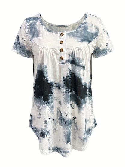 Vzyzv Tie Dye Button Front T-Shirt, Casual Short Sleeve T-Shirt For Spring & Summer, Women's Clothing