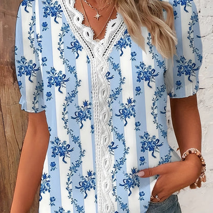 Vzyzv Floral Print Contrast Lace Blouse, Casual V Neck Short Sleeve Summer Blouse, Women's Clothing