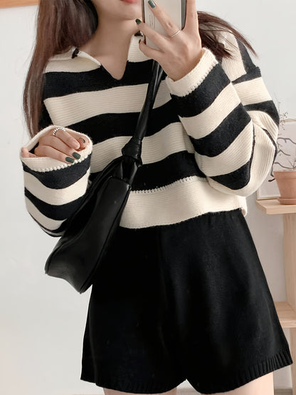 Vzyzv Striped Notched Collar Pullover Sweater, Casual Long Sleeve Loose Crop Sweater, Women's Clothing