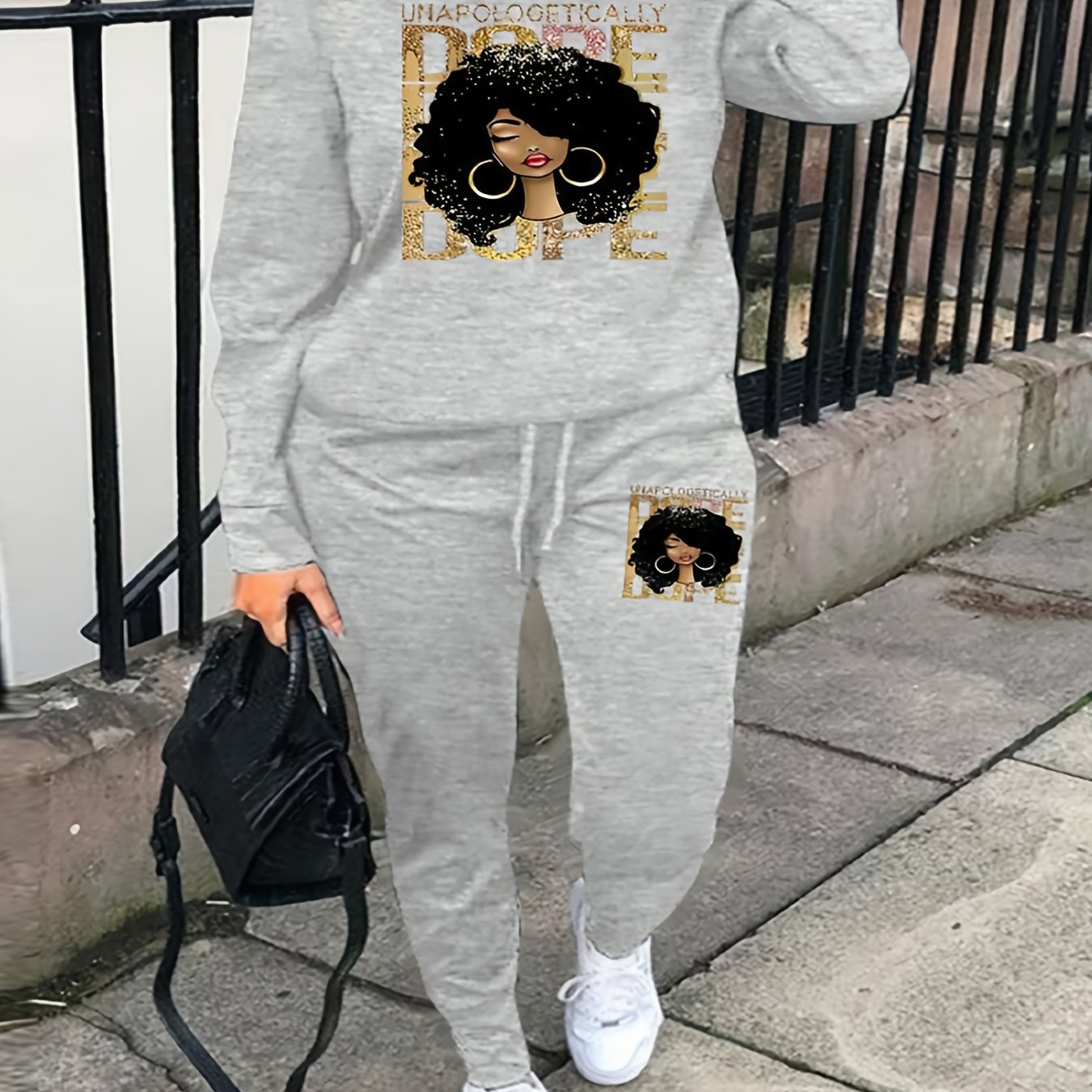 Vzyzv Plus Size Figure Print Sweatshirt & Drawstring Sweatpants Set, Women's Plus Slight Stretch Casual 2pcs Set Outfits