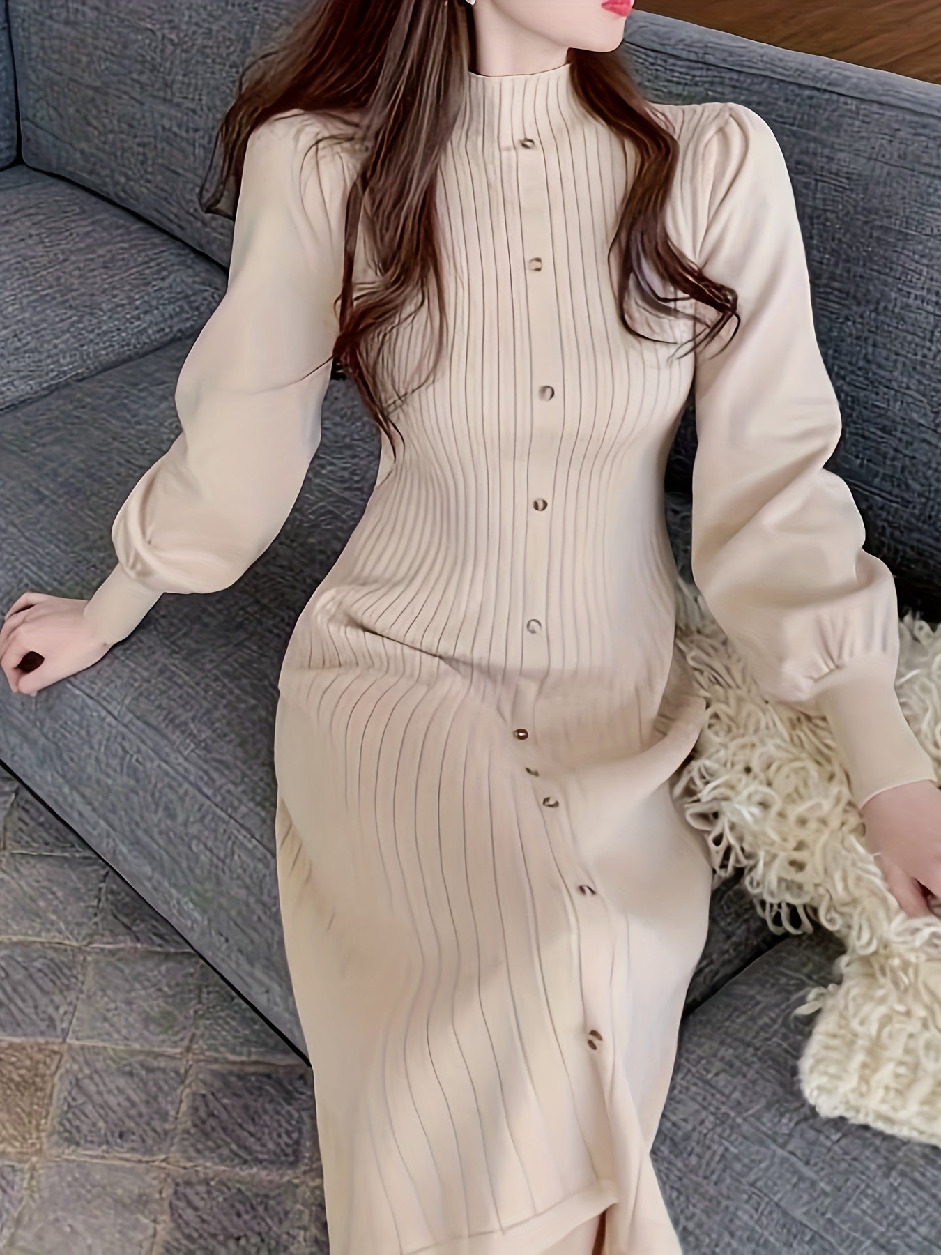 Vzyzv Ribbed Mock Neck Dress, Casual Button Front Long Lantern Sleeve Dress, Women's Clothing