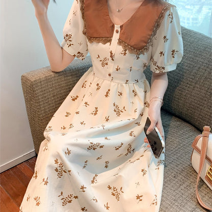 Vzyzv Floral Print Doll Collar Dress, Elegant Short Sleeve Waist Slimming Skinny Dress For Summer, Women's Clothing