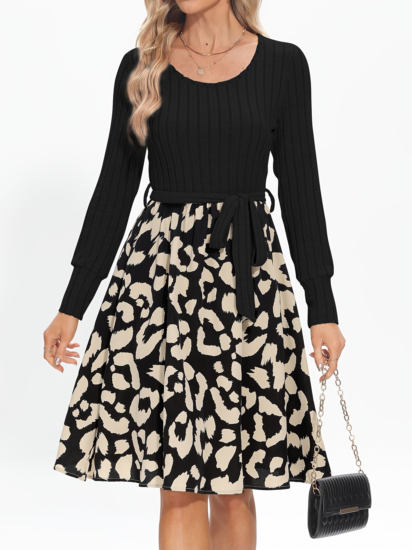 Vzyzv Leopard Print Splicing Dress, Elegant Crew Neck Long Sleeve Dress, Women's Clothing