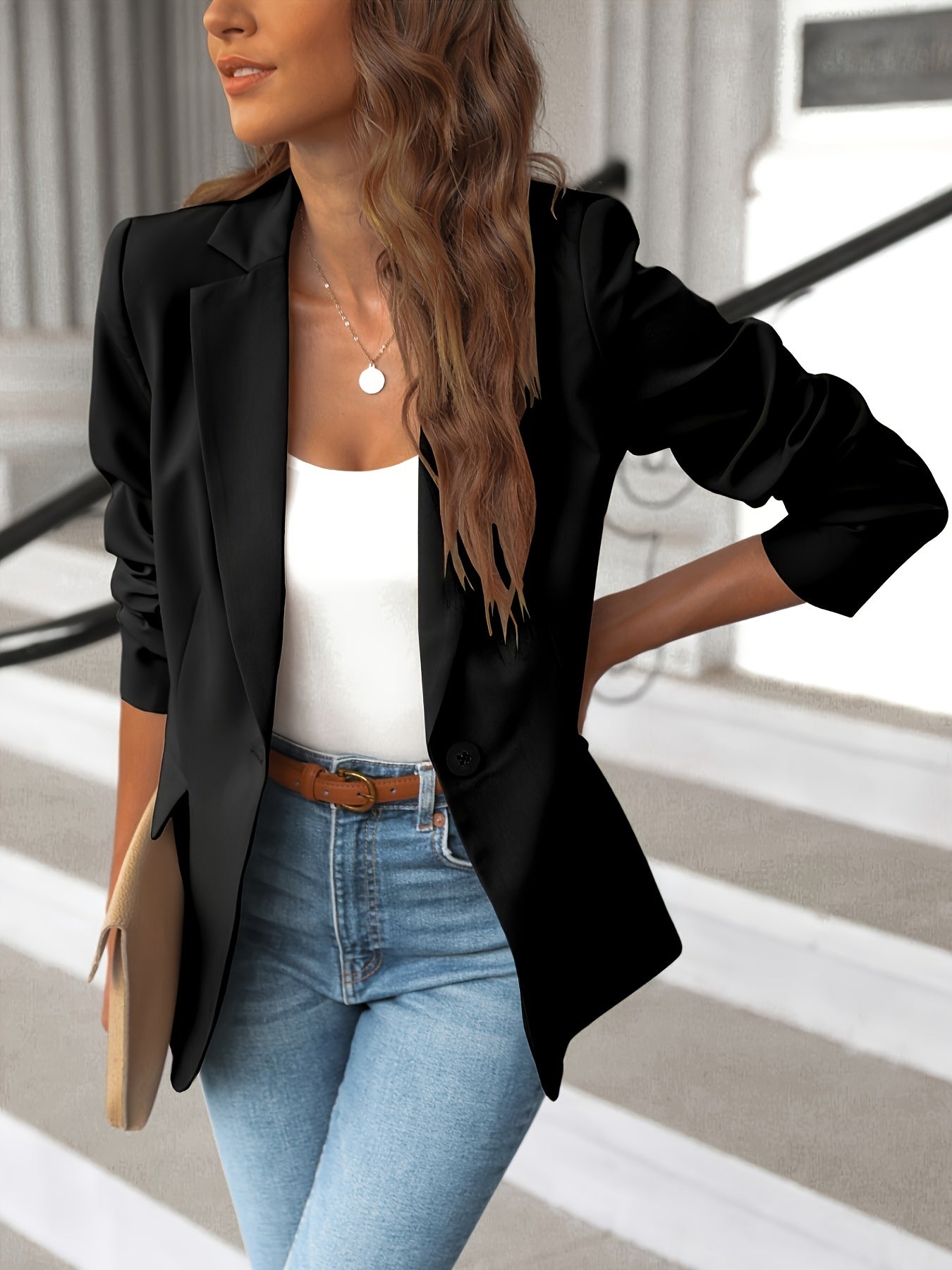 Vzyzv Classy Blazer Jacket: Lightweight and Silky Outerwear for Women's Office Wear with Pockets.