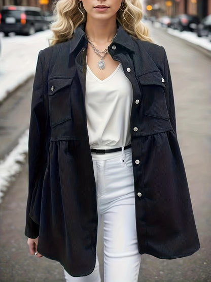 Vzyzv Corduroy Lapel Pocket Jacket, Casual Long Sleeve Button Down Loose Fall Winter Outerwear, Women's Clothing