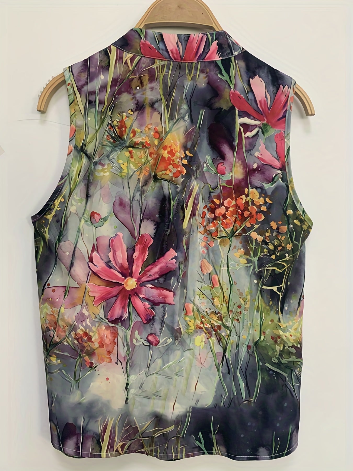 Vzyzv Floral Print Sleeveless Blouse, Casual Crew Neck Button Front Blouse, Women's Clothing