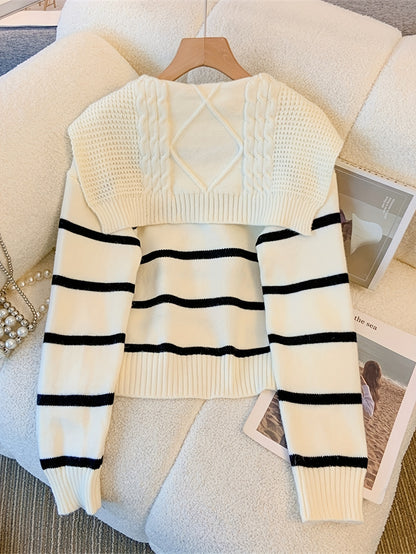 Vzyzv Striped Knitted Pullover Sweater, Casual Long Sleeve Sweater For Fall & Winter, Women's Clothing