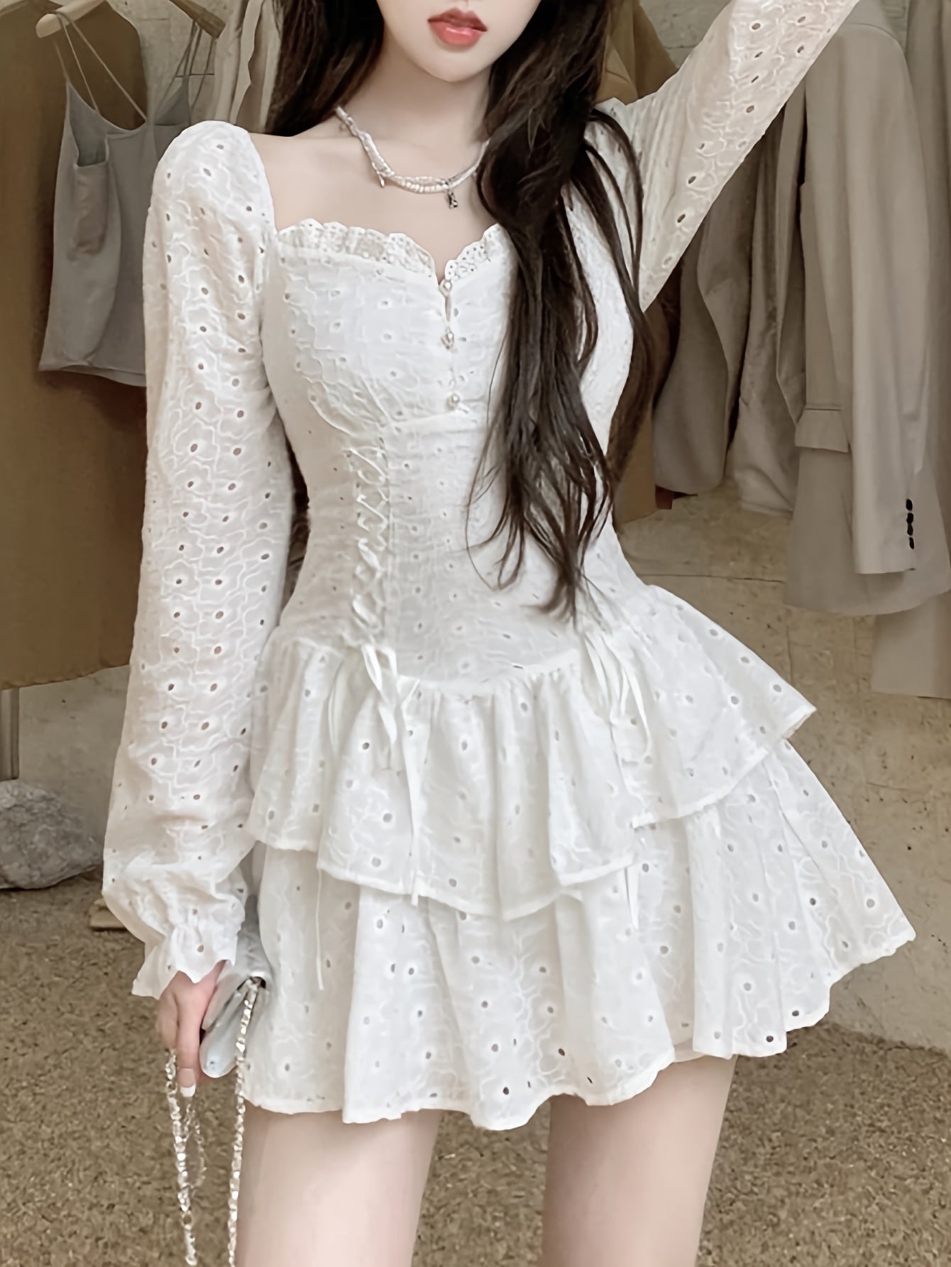 Vzyzv Eyelet Embroidered Flare Sleeve Layer Ruffle Dress, Elegant Frill Trim Sweetheart Neck Waist Dress, Women's Clothing