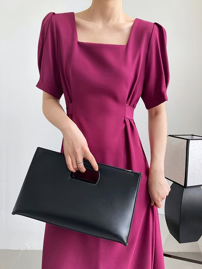 Vzyzv Solid Squared Neck Short Sleeve Tie Back Dress, Elegant Ruffled Hem Stylish Maxi Dress, Women's Clothing