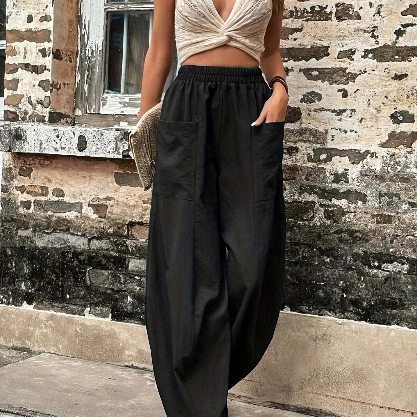 Vzyzv Boho Solid Elastic Waist Harem Pants, Casual Long Length Baggy Pants With Pockets For Spring & Summer, Women's Clothing